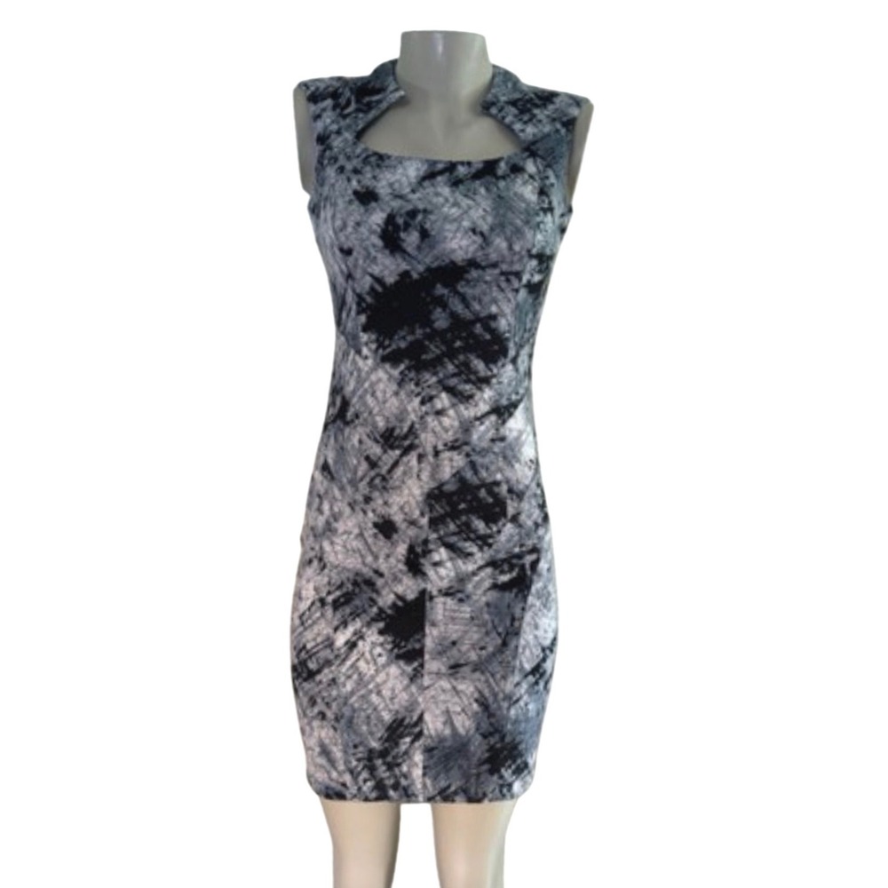 Vince Camuto Sheath Dress Womens 2 Gray Abstract Print Square Neck Cap Sleeve